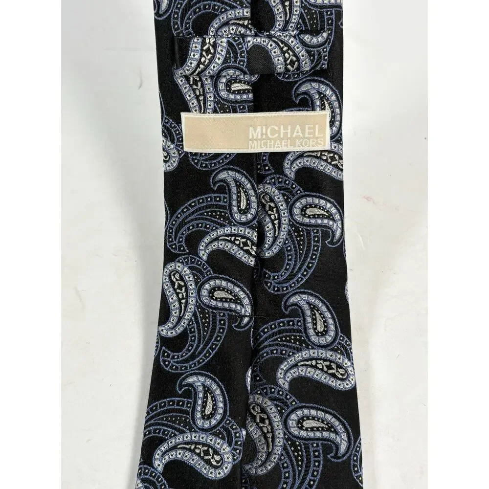 Michael Kors Mens 100% Silk Tie Black Blue Silver Paisley Designer Necktie